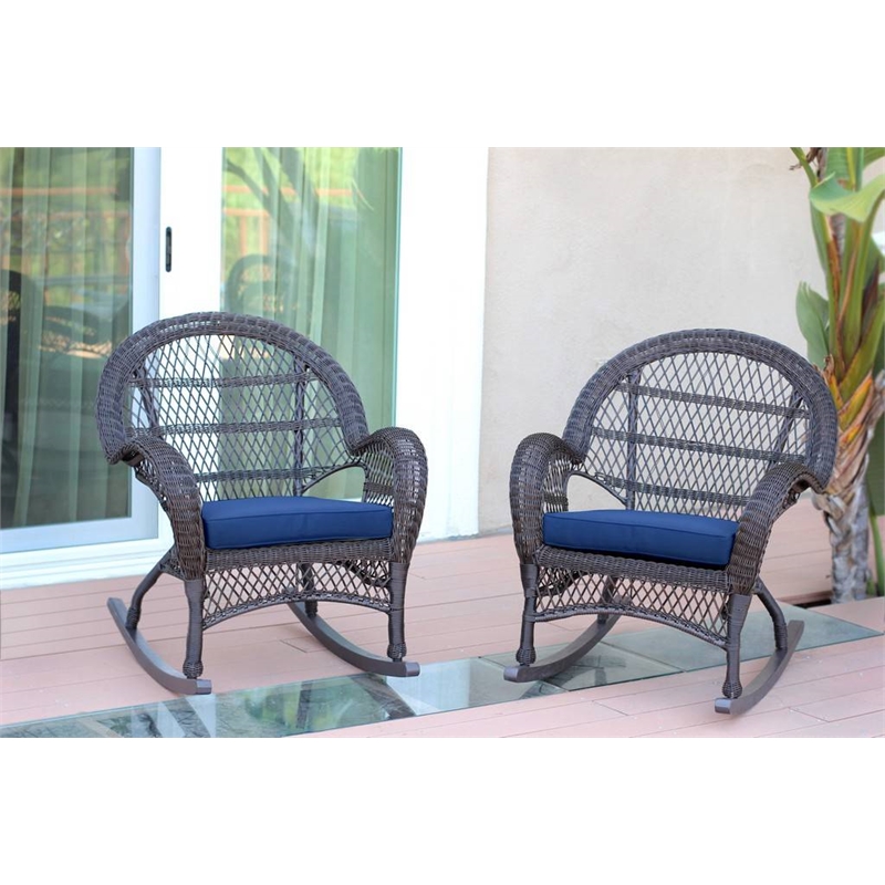 Jeco Resin Wicker Patio Rocker Chair in Espresso with Blue Cushion (Set of 4)