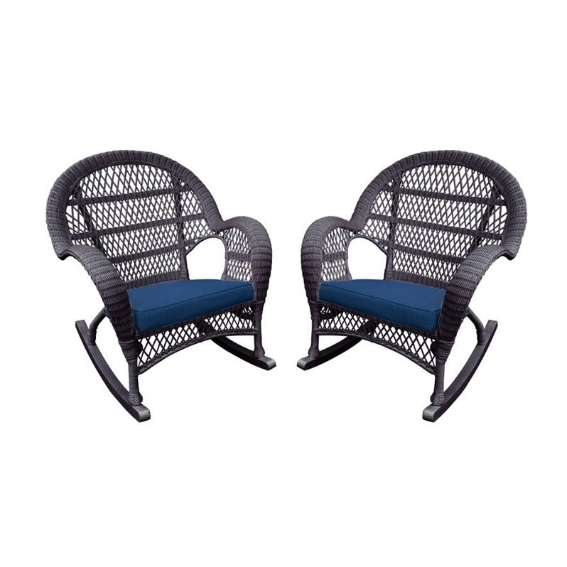 Jeco Resin Wicker Patio Rocker Chair in Espresso with Blue Cushion (Set of 4)