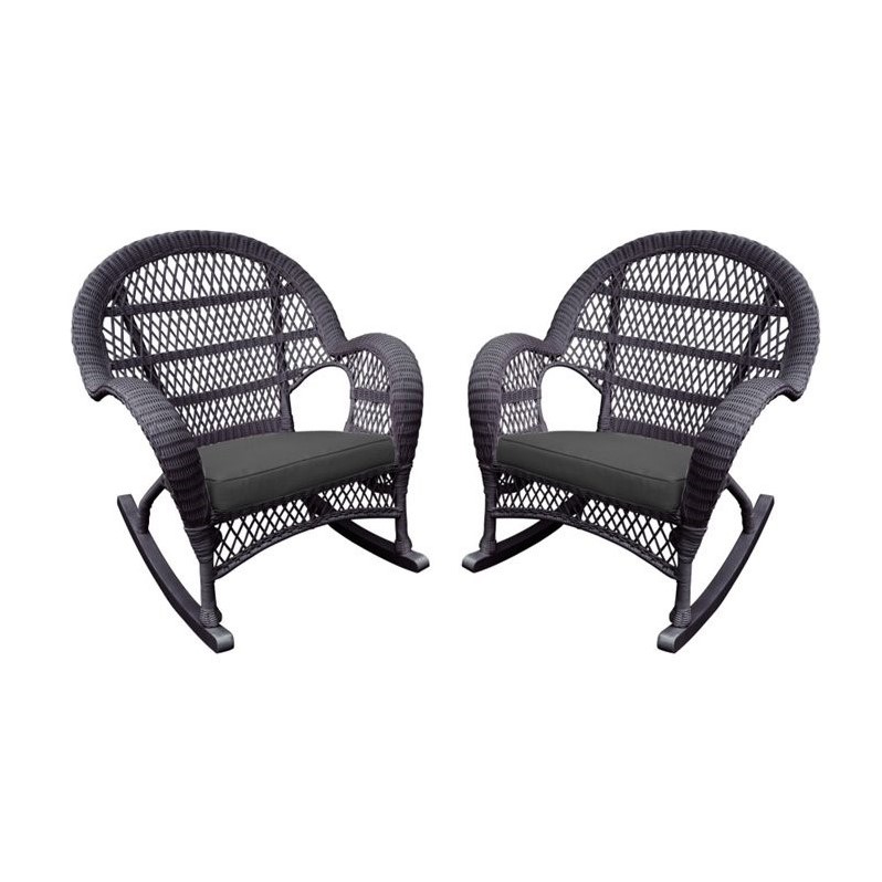 Jeco Resin Wicker Patio Rocker Chair in Espresso with Black Cushion (Set of 4)