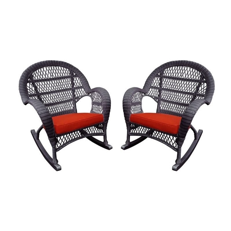 Jeco Resin Wicker Patio Rocker Chair in Espresso w/Brick Red Cushion (Set of 4)