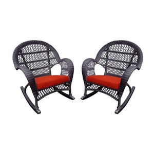 Jeco Resin Wicker Patio Rocker Chair in Espresso w/Brick Red Cushion (Set of 4)