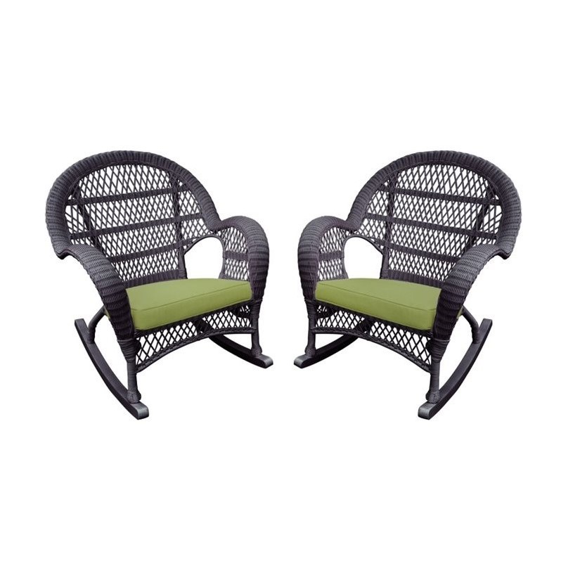Jeco Resin Wicker Patio Rocker Chair in Espresso w/Sage Green Cushion (Set of 4)