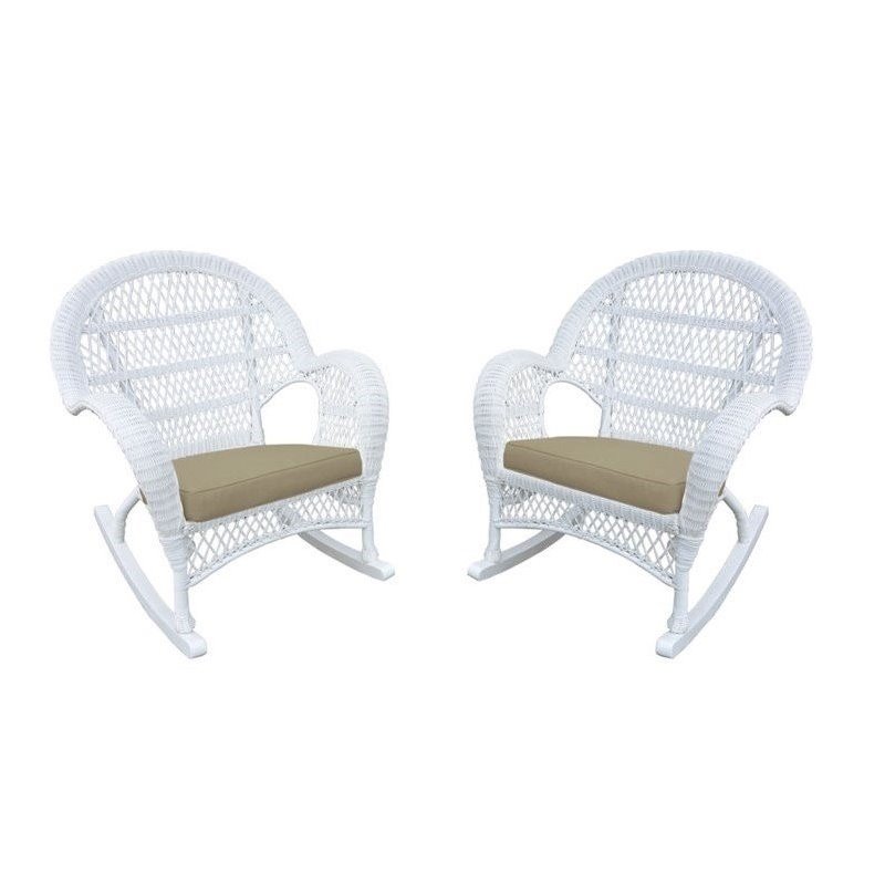 Jeco Wicker Rocker Chair in White with Tan Cushion (Set of 4)