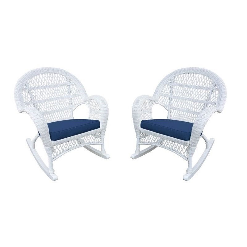 Jeco Wicker Rocker Chair in White with Blue Cushion (Set of 4)