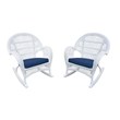 Jeco Wicker Rocker Chair in White with Blue Cushion (Set of 4)