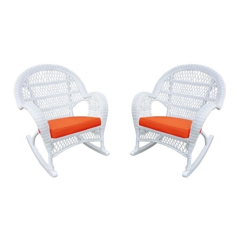 Jeco Wicker Rocker Chair in White with Orange Cushion (Set of 4)