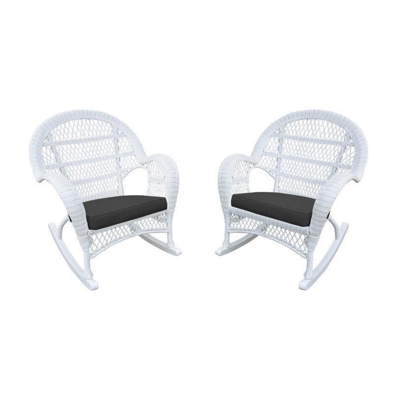 Jeco Wicker Rocker Chair in White with Black Cushion (Set of 4)
