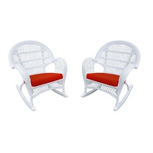 Jeco Wicker Rocker Chair in White with Red Cushion (Set of 4)