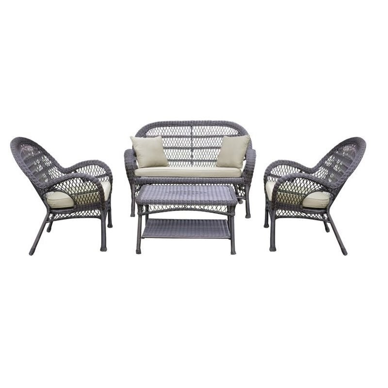 Jeco 4 Piece Wicker Conversation Set in Espresso with Tan Cushions