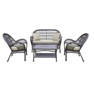 Jeco 4 Piece Wicker Conversation Set in Espresso with Tan Cushions
