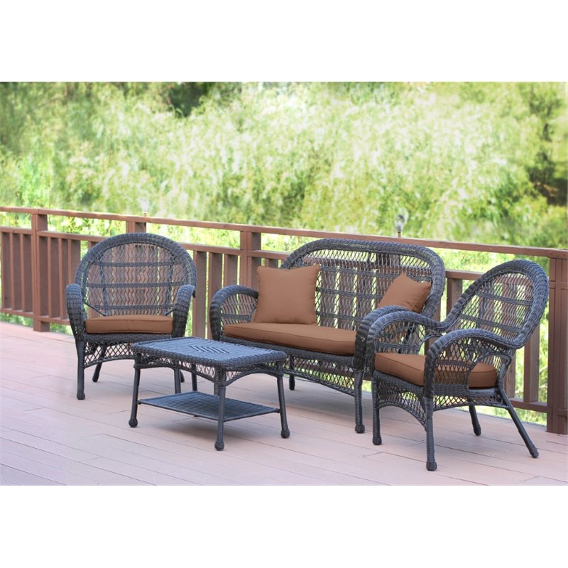 Jeco 4 Piece Wicker Conversation Set in Espresso with Brown Cushions