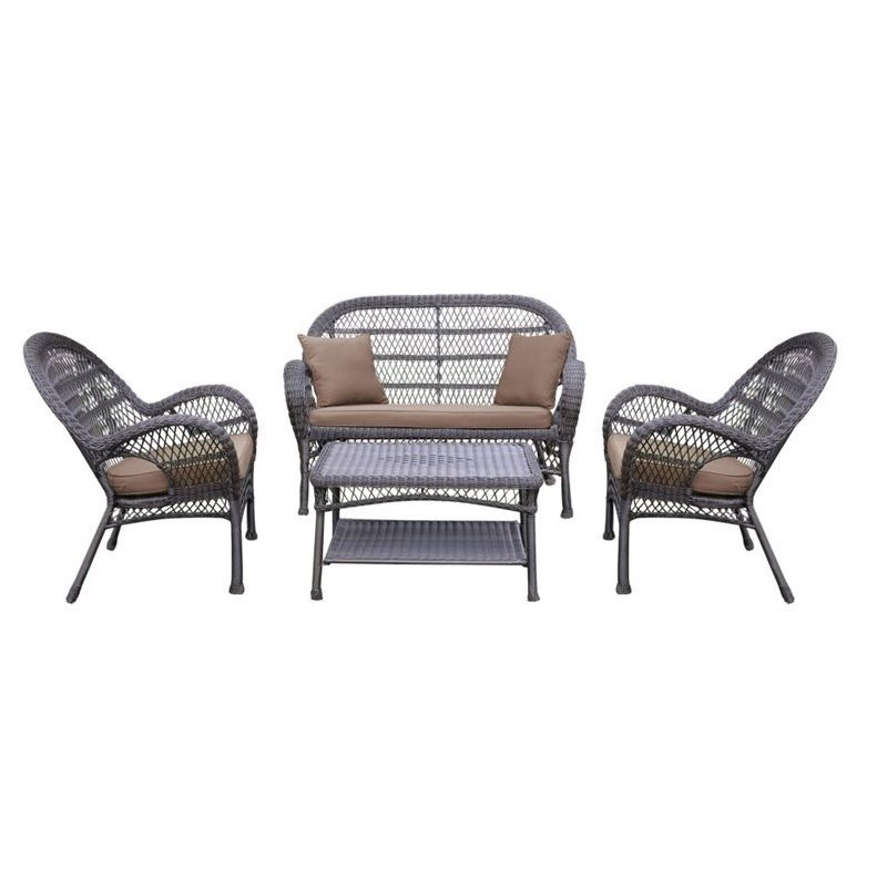 Jeco 4 Piece Wicker Conversation Set in Espresso with Brown Cushions