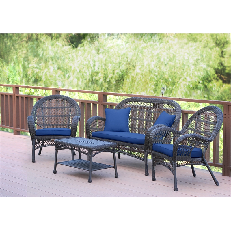 Jeco 4 Piece Wicker Conversation Set in Espresso with Blue Cushions