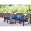 Jeco 4 Piece Wicker Conversation Set in Espresso with Blue Cushions