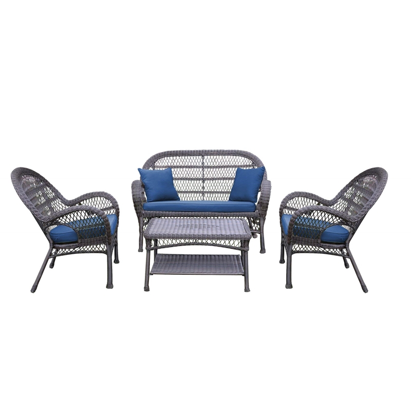 Jeco 4 Piece Wicker Conversation Set in Espresso with Blue Cushions