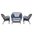 Jeco 4 Piece Wicker Conversation Set in Espresso with Blue Cushions