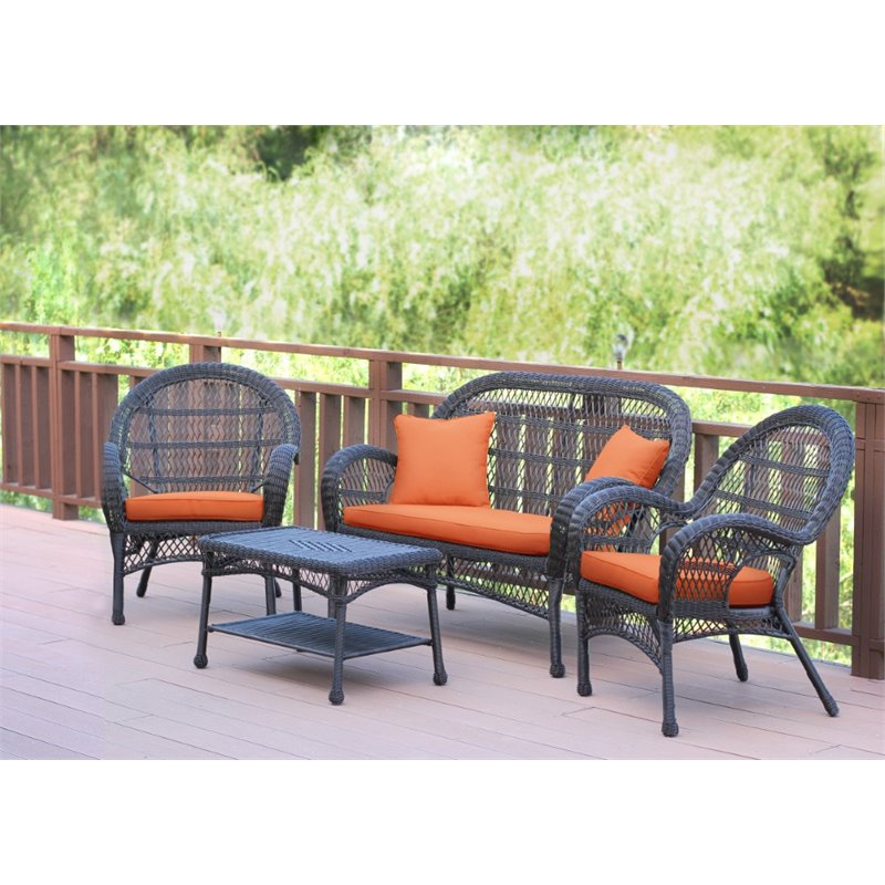 Jeco 4 Piece Wicker Conversation Set in Espresso with Orange Cushions