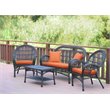 Jeco 4 Piece Wicker Conversation Set in Espresso with Orange Cushions