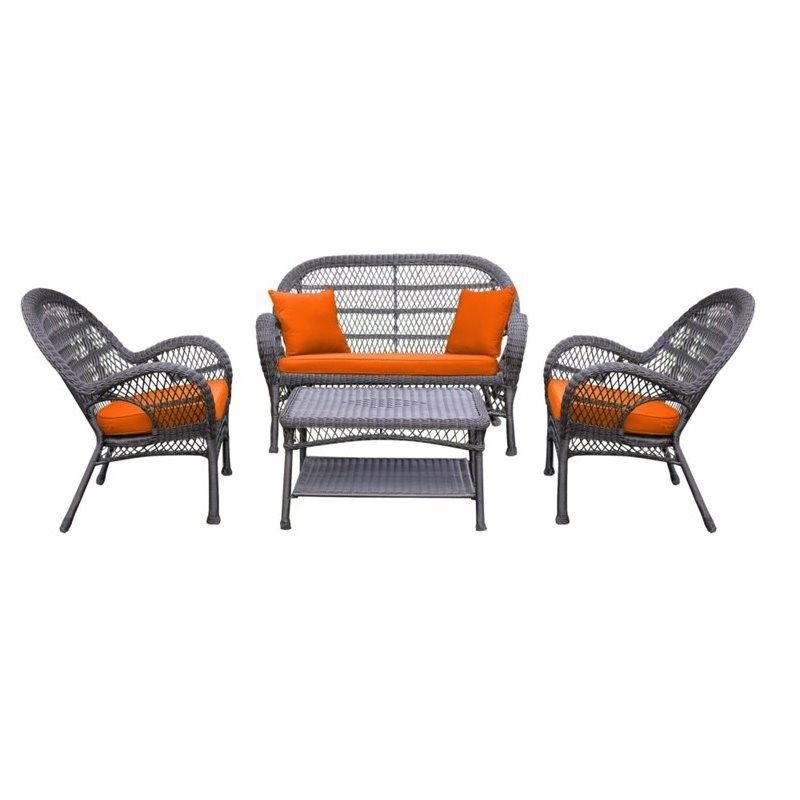Jeco 4 Piece Wicker Conversation Set in Espresso with Orange Cushions