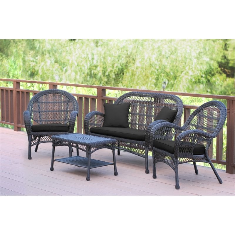 Jeco 4 Piece Wicker Conversation Set in Espresso with Black Cushions