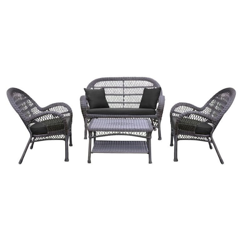 Jeco 4 Piece Wicker Conversation Set in Espresso with Black Cushions
