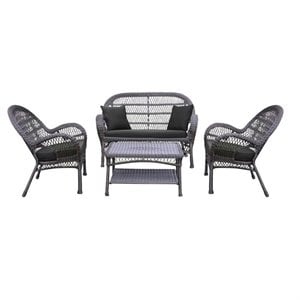 Jeco 4 Piece Wicker Conversation Set in Espresso with Black Cushions