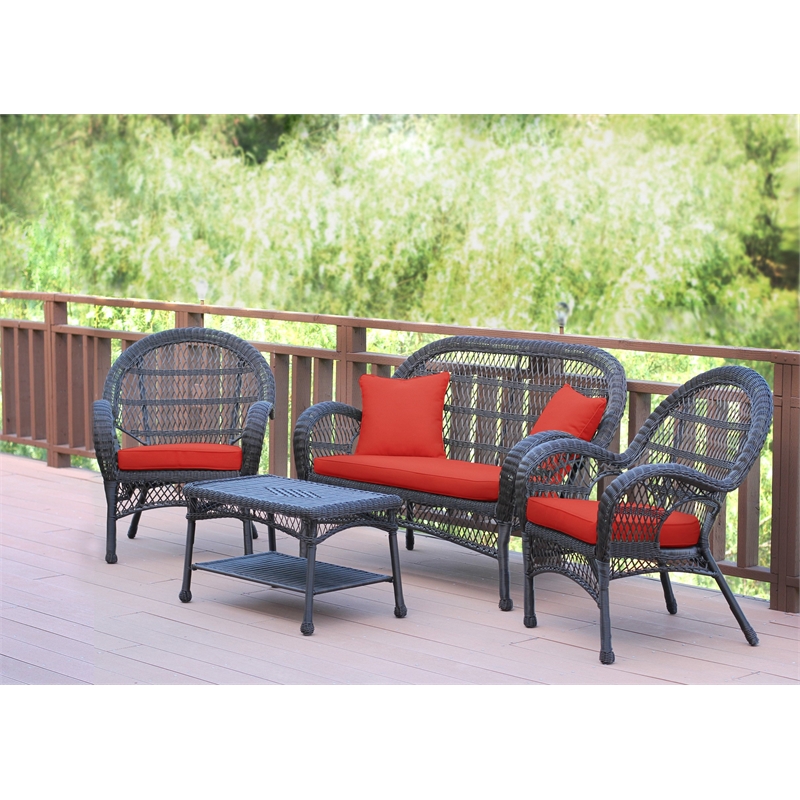 Jeco 4 Piece Wicker Conversation Set in Espresso with Red Cushions