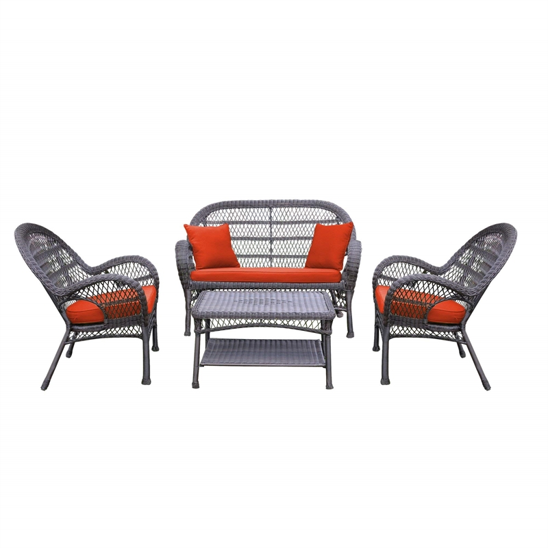 Jeco 4 Piece Wicker Conversation Set in Espresso with Red Cushions