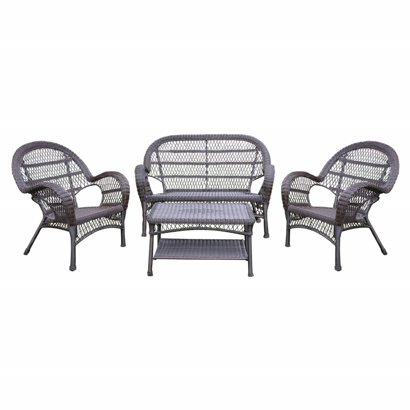 Jeco 4 Piece Wicker Conversation Set in Espresso with Red Cushions
