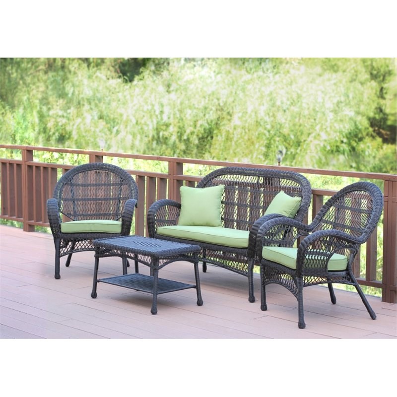 Jeco 4 Piece Wicker Conversation Set in Espresso with Green Cushions