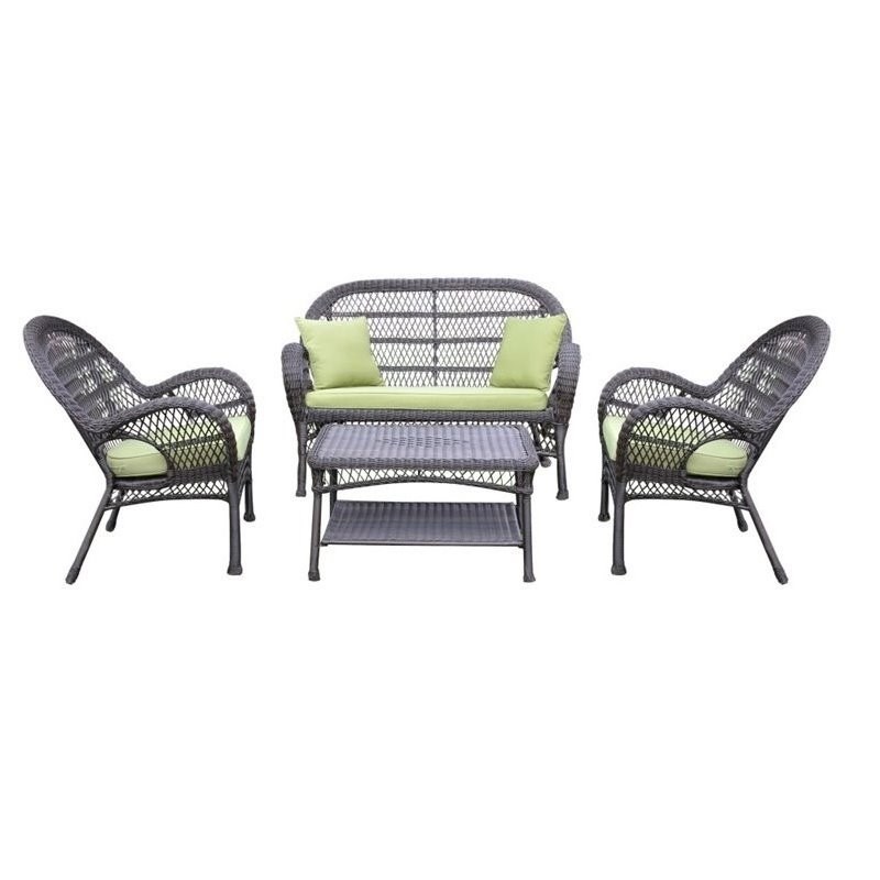 Jeco 4 Piece Wicker Conversation Set in Espresso with Green Cushions