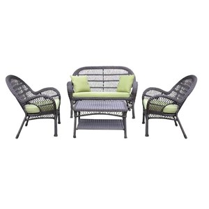 Jeco 4 Piece Wicker Conversation Set in Espresso with Green Cushions
