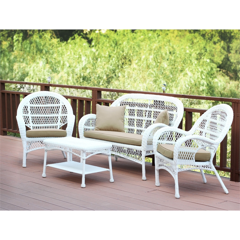 Jeco Inc. 4-Piece Resin Wicker Patio Conversation Set in White/Tan Cushions