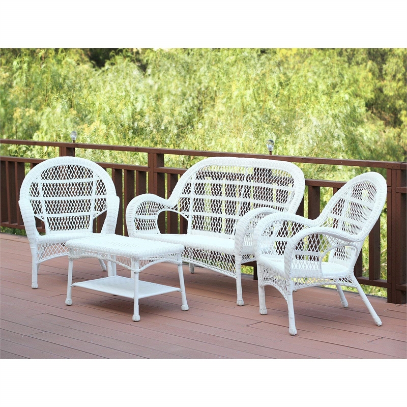 Jeco Inc. 4-Piece Resin Wicker Patio Conversation Set in White/Tan Cushions
