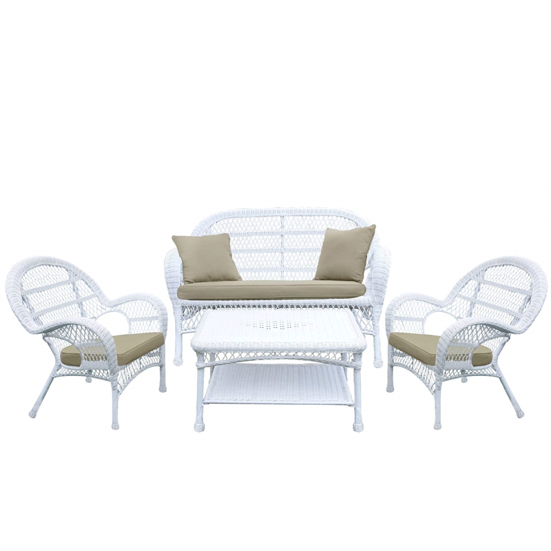 Jeco Inc. 4-Piece Resin Wicker Patio Conversation Set in White/Tan Cushions