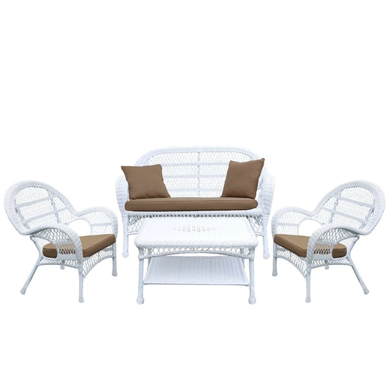 Jeco Inc. 4-Piece Resin Wicker Patio Conversation Set in White/Brown Cushions