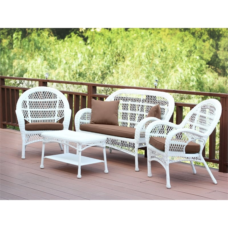 Jeco Inc. 4-Piece Resin Wicker Patio Conversation Set in White/Brown Cushions