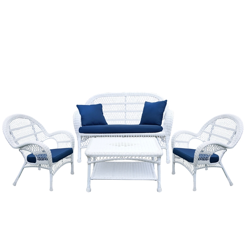 Jeco Inc. 4-Piece Resin Wicker Patio Conversation Set in White/Blue Cushions