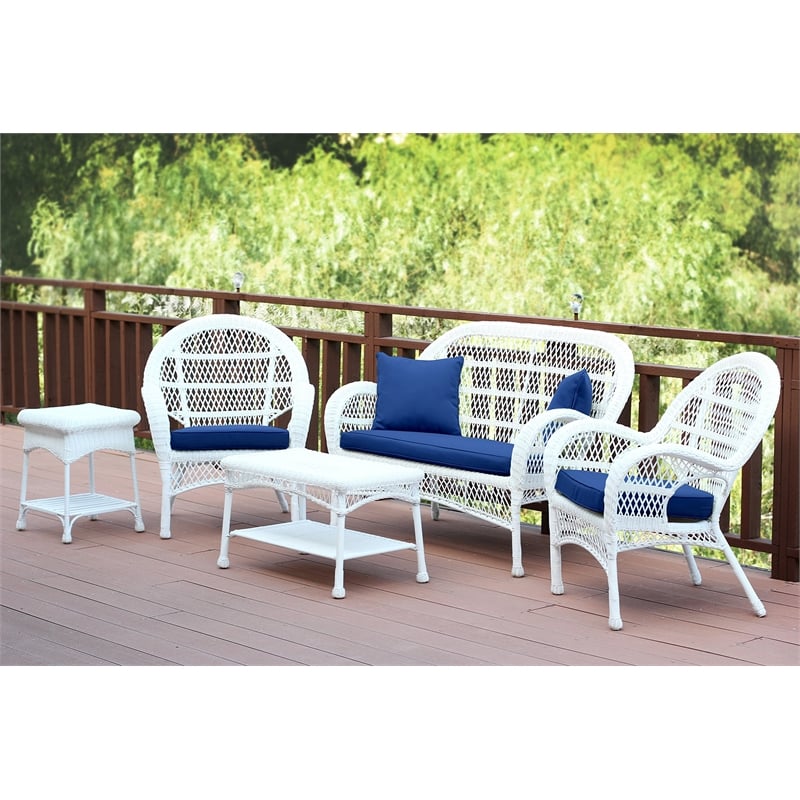 Jeco Inc. 4-Piece Resin Wicker Patio Conversation Set in White/Blue Cushions