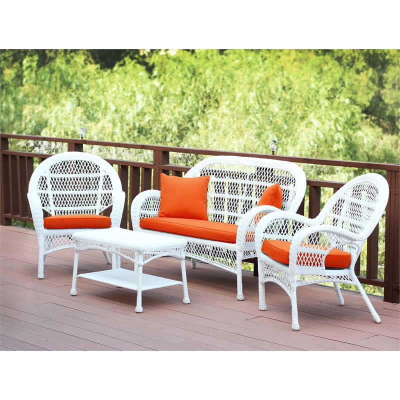Jeco Inc. 4-Piece Resin Wicker Patio Conversation Set in White/Orange Cushions