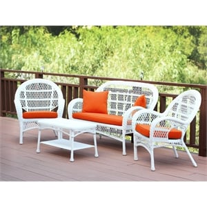 Jeco Inc. 4-Piece Resin Wicker Patio Conversation Set in White/Orange Cushions