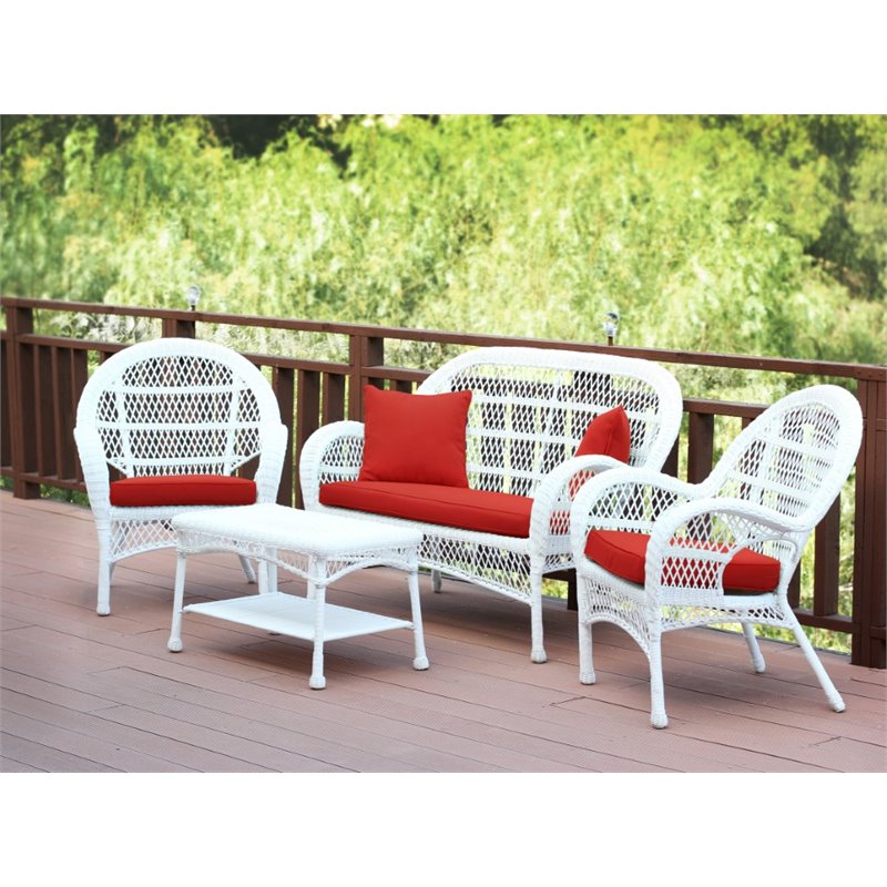 Jeco Inc. 4-Piece Resin Wicker Patio Conversation Set White/Brick Red Cushions