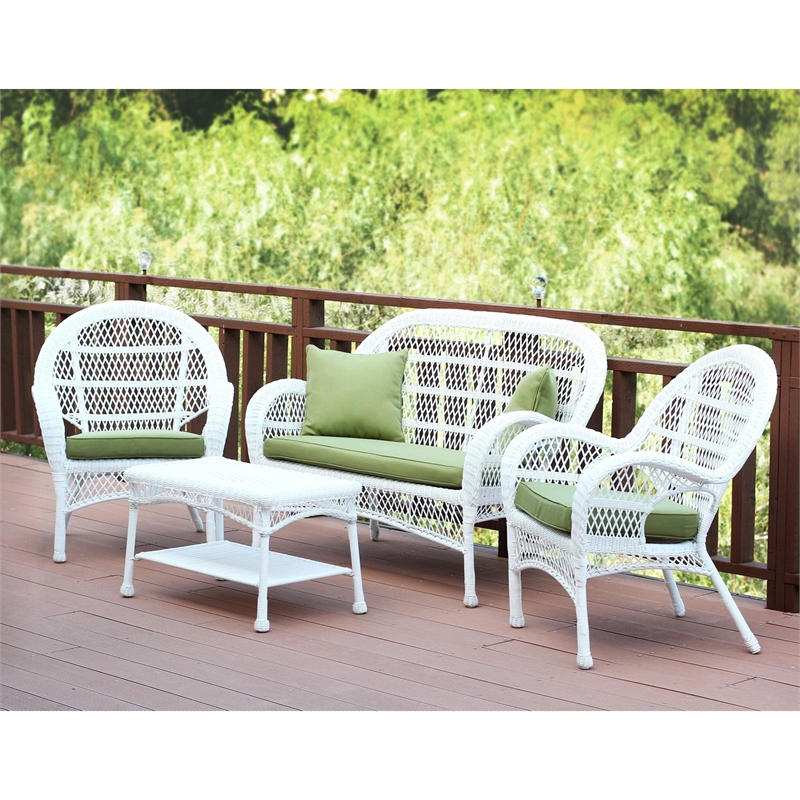 Jeco Inc. 4-Piece Resin Wicker Patio Conversation Set in White/Green Cushions