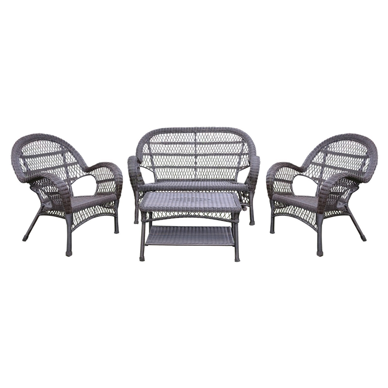 Jeco Inc. 4-Piece Resin Wicker Patio Conversation Set in White/Green Cushions