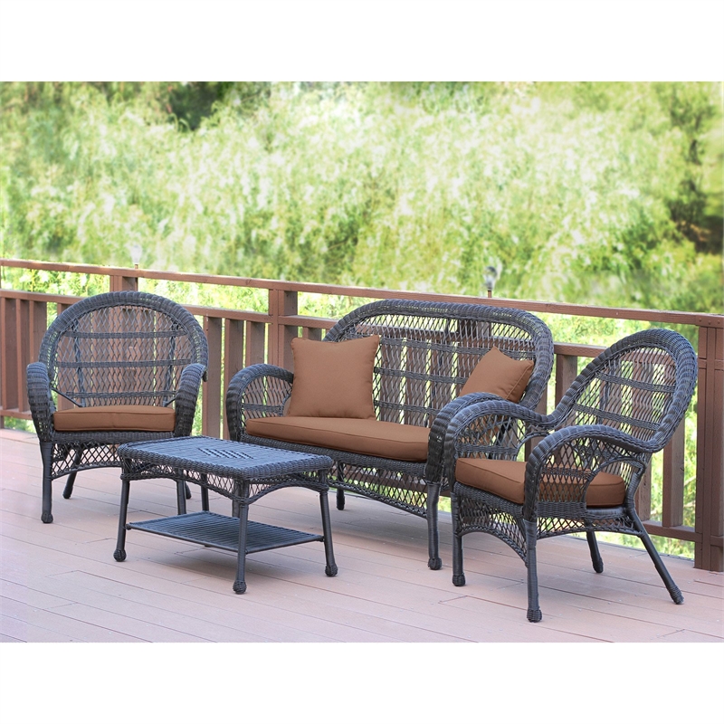 Jeco Inc. 4-Piece Resin Wicker Patio Conversation Set in White/Green Cushions
