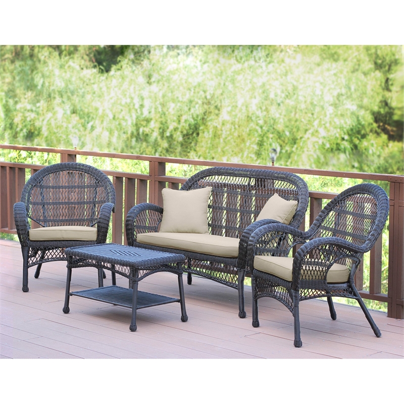 Jeco Inc. 4-Piece Resin Wicker Patio Conversation Set in White/Green Cushions