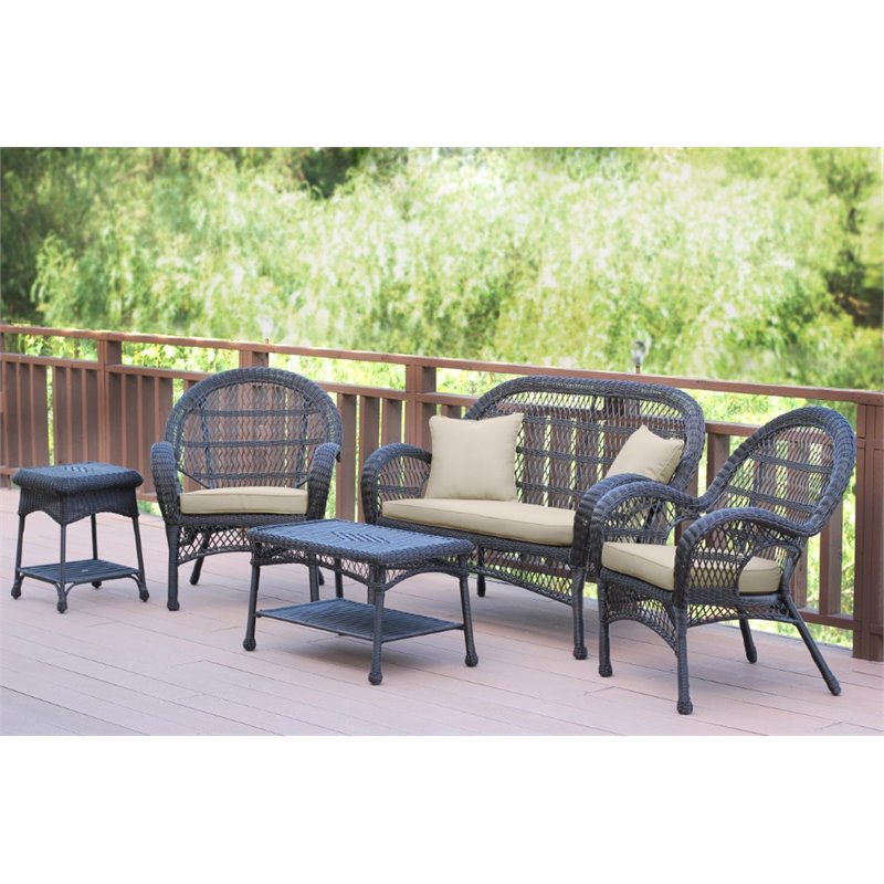 Jeco 5 Piece Wicker Conversation Set in Espresso with Tan Cushions