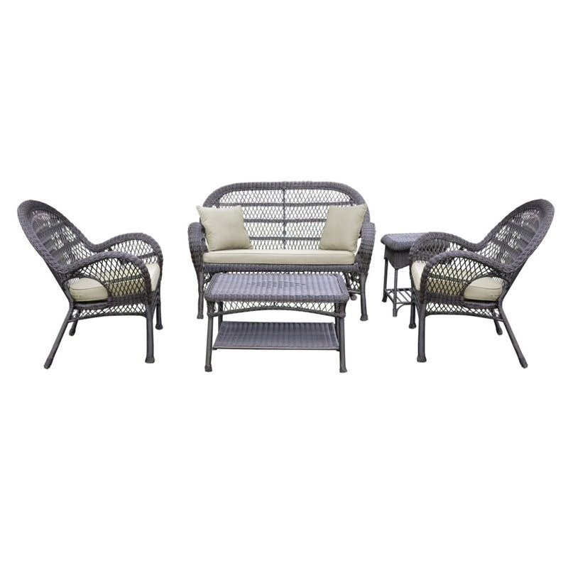 Jeco 5 Piece Wicker Conversation Set in Espresso with Tan Cushions