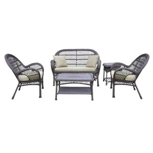 Jeco 5 Piece Wicker Conversation Set in Espresso with Tan Cushions