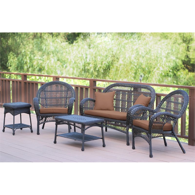 Jeco 5 Piece Wicker Conversation Set in Espresso with Brown Cushions